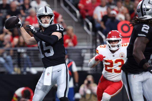 Las Vegas Raiders quarterback Kenny Pickett makes a pass during the first quarter of a game against the Kansas City Chiefs at Allegiant Stadium on January 04, 2026 in Las Vegas, Nevada. (Photo by Ian Maule/Getty Images)